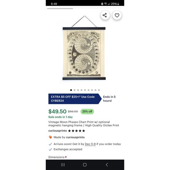 Vintage Moon Phases Chart Print with Black magnetic hanging frame - Picture 1 of 4